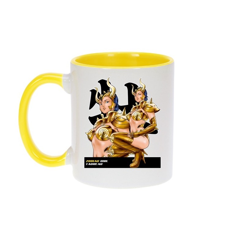 Mug - okiWoki - La Sublime Camélia née sous le Signe du Taureau ! - Saint Seiya - Fond Jaune