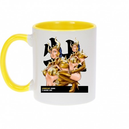 Mug - okiWoki - La Sublime Camélia née sous le Signe du Taureau ! - Saint Seiya - Fond Jaune